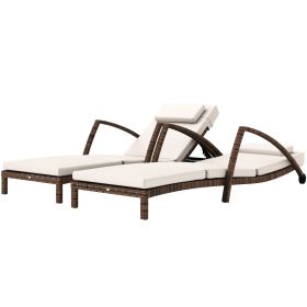 Outsunny Set of 2 Wicker Chaise Lounge Chair Outdoor Patio Lounger with Adjustable Back, Wheels, Cushion, and Armrests, Beige