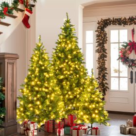 8FT, 6FT, 4FT Pre-Lit Green Pine Artificial Christmas Tree, Set of 3 Hinged Xmas Trees with 820 Warm-Yellow LED Lights and 2539 Branch Tips (Color: As Pic)