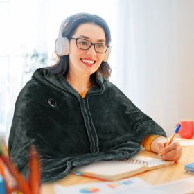 USB Heated Blanket Electric Heated Blanket Heated Poncho Shawl Wrap Throw with Zipper Washable for Home Office 59*31in (Color: Black)