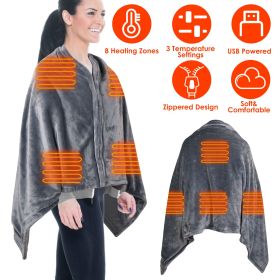 USB Heated Blanket Electric Heated Blanket Heated Poncho Shawl Wrap Throw with Zipper Washable for Home Office 59*31in (Color: grey)